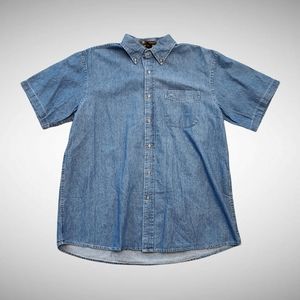 Harriton Denim Button Up Shirt Mens XL Short Sleeve 1 Pocket Cotton Blue